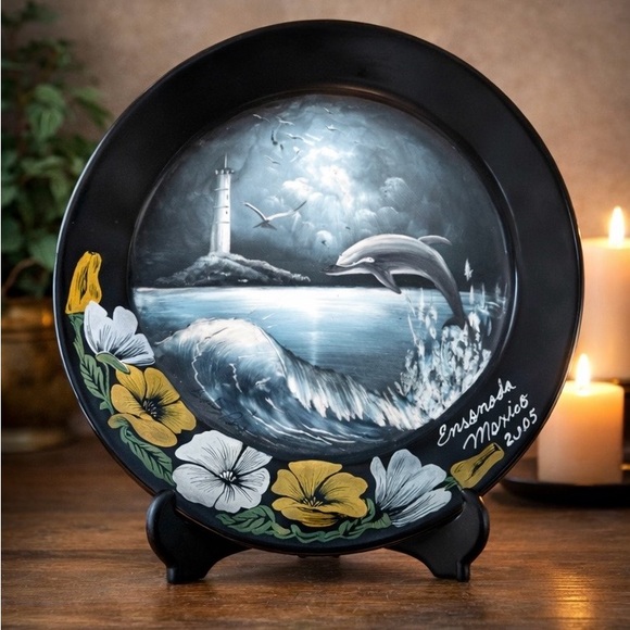 Other - Hand Painted Arcoroc Glass Plate Dolphin Lighthouse Scene Ensenada Mexico